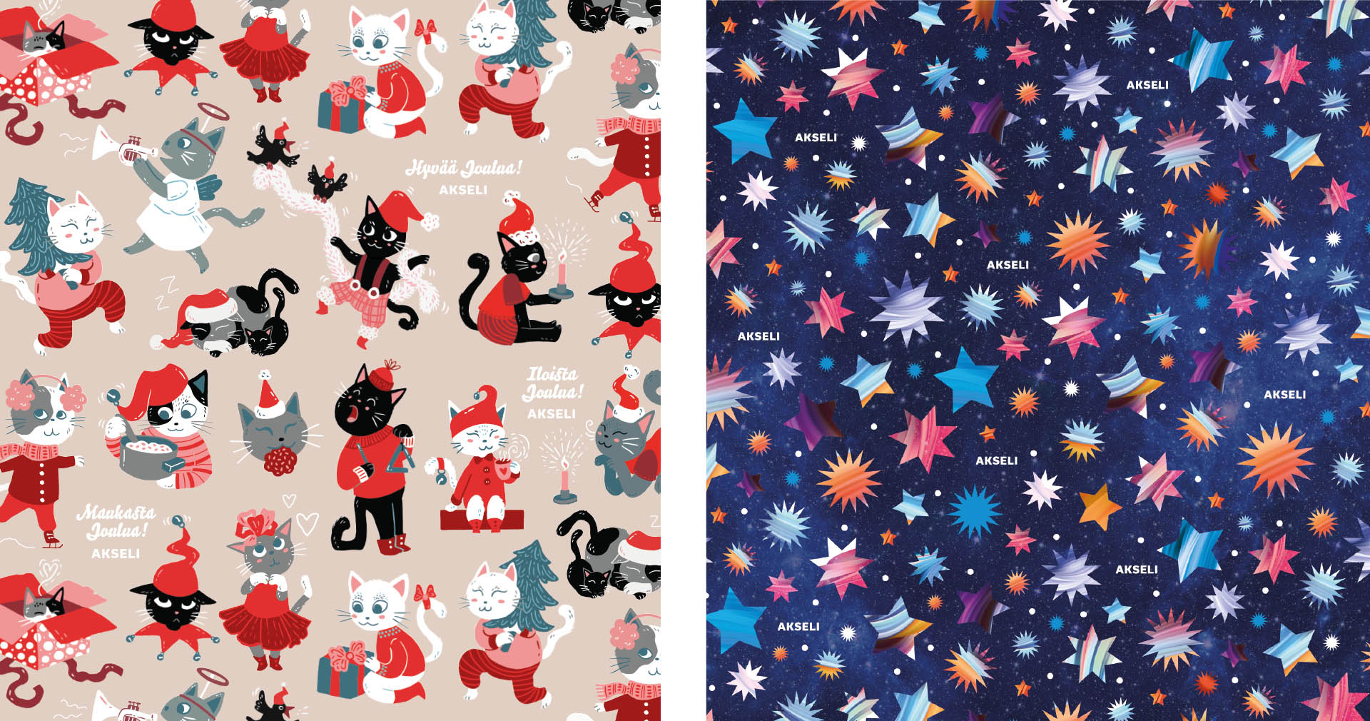 Kauppakeskus Akselin lahjapaperikuosit "Kissojen joulu" ja "Tähtitaivas".